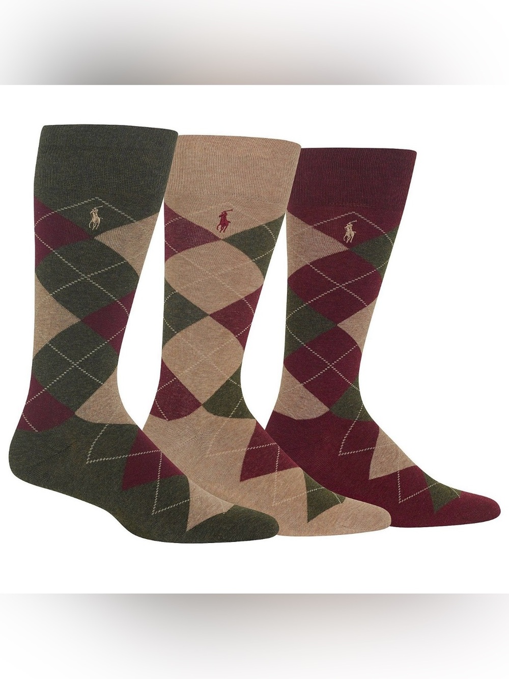 Polo by Ralph Lauren New Men’s Argyle Dress Socks Burgundy, Tan & Olive (3-Pack)